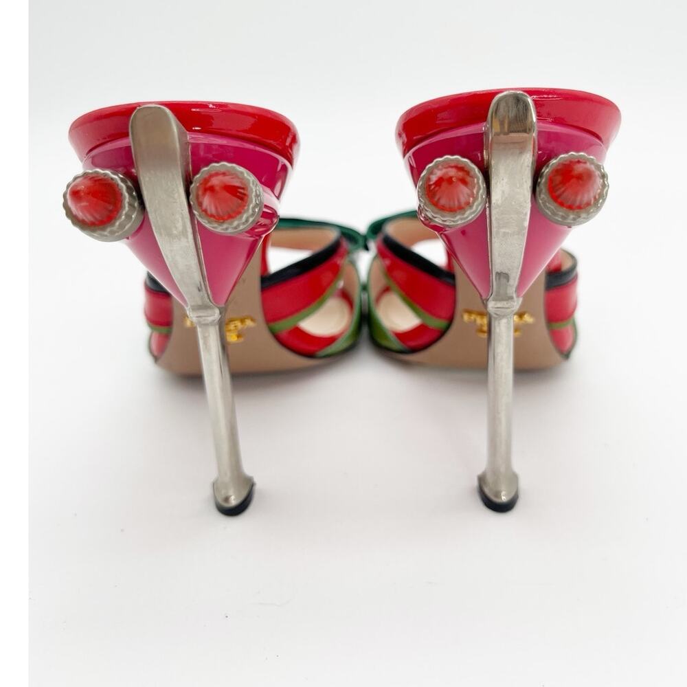 Prada S/S 2012 Runway Red Patent Hot Rod Rocket Tail Light Mule Sandals IT 36.5 - Picture 11 of 15
